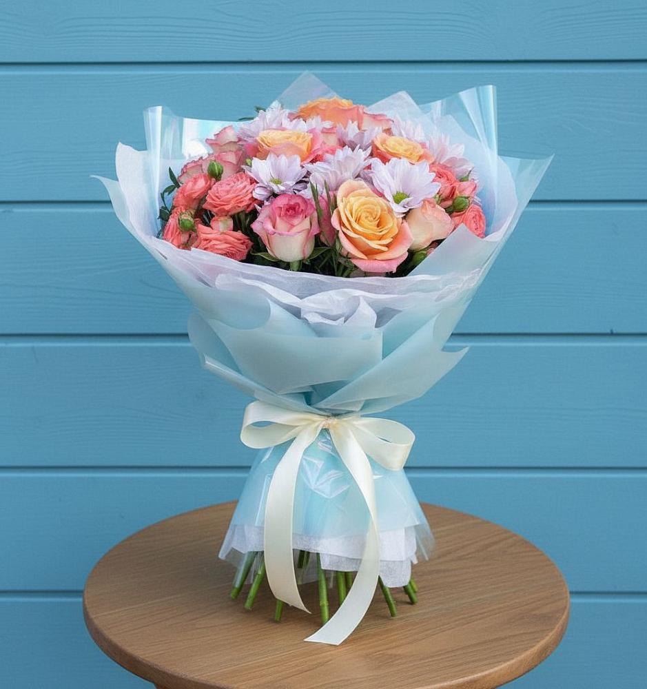 Букет Счастливые мгновение в Обшаровка Букет цветов из: Хризантемы и Розы в Обшаровка