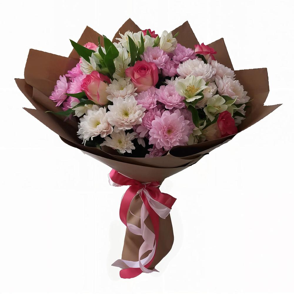 Букет Розовое очарование в Обшаровка Букет цветов из: Хризантемы, Альстромерии и Розы в Обшаровка